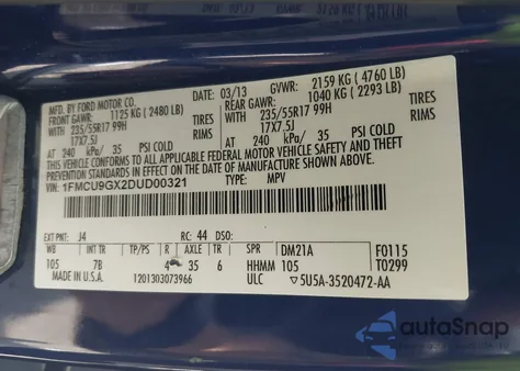 2013 Ford Escape Se from USA, damaged, VIN 1FMCU9GX2DUD00321